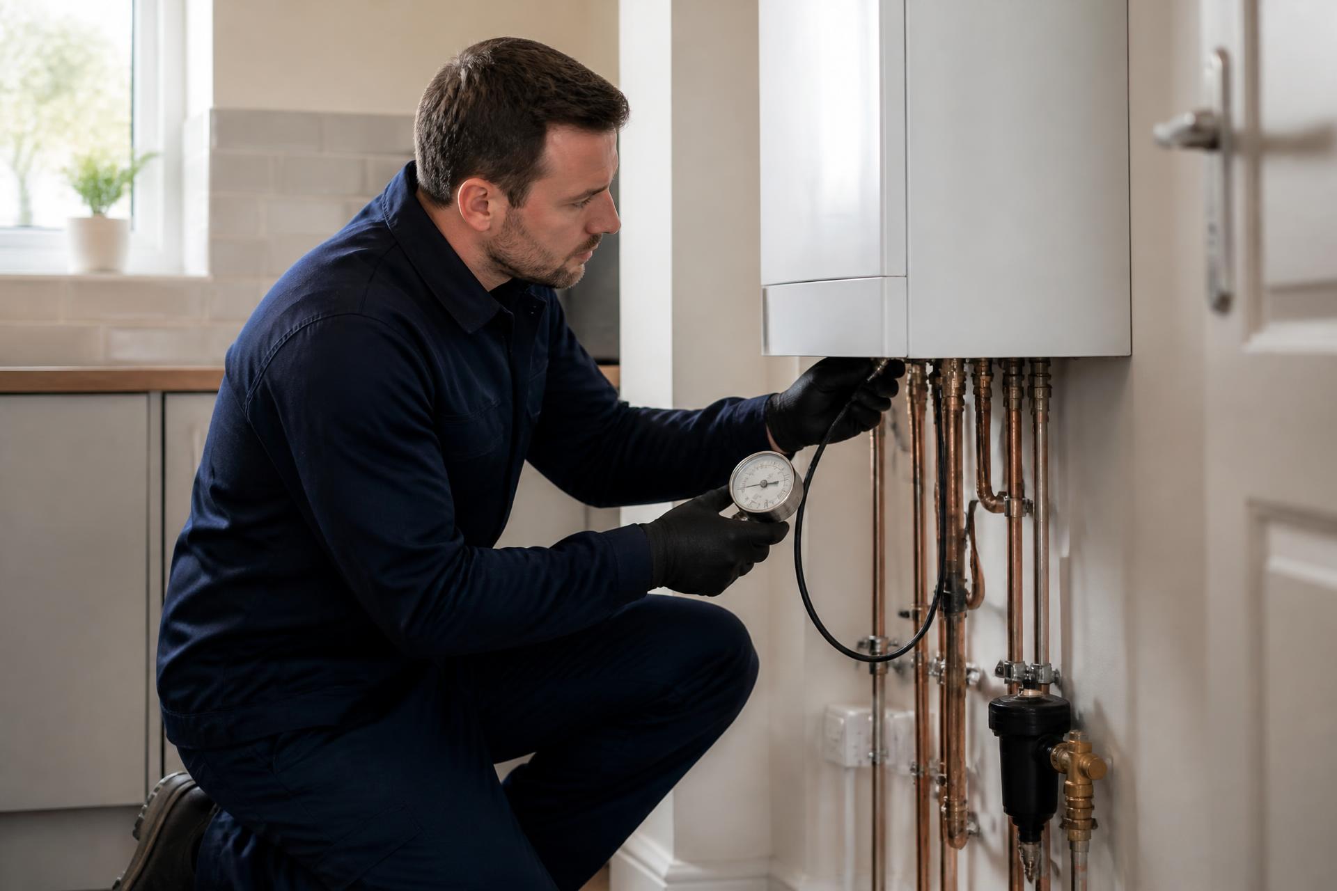 Gas Safe registered engineer checking pressure on a wall-mounted combi boiler